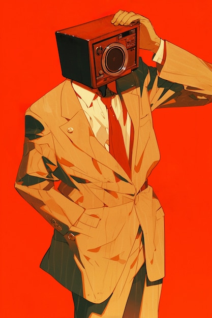 Illustration numérique rétro d'un homme avec une tête de radio