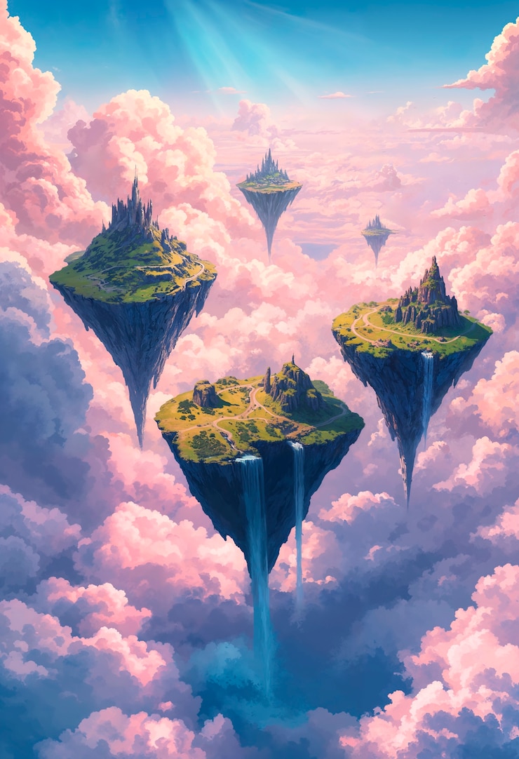 Photo gratuit illustration d'un paysage fantastique d'îles flottantes