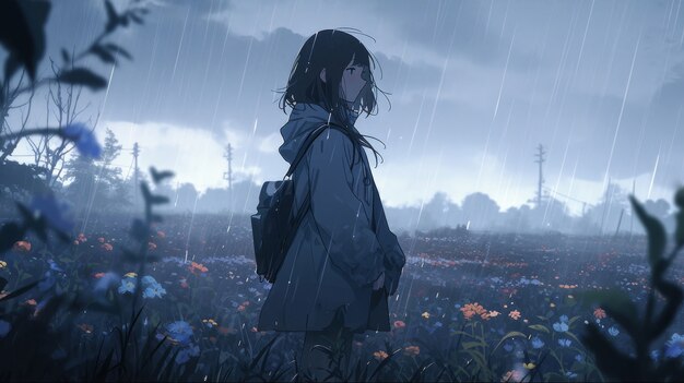 Illustration d'un personnage d'anime sous la pluie