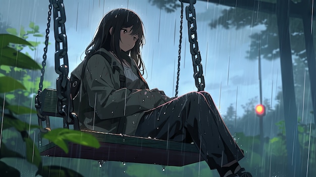 Illustration d'un personnage d'anime sous la pluie