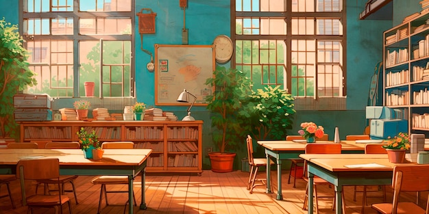 Photo gratuite illustration pour la classe de retour à l'école avec des tables et des plantes