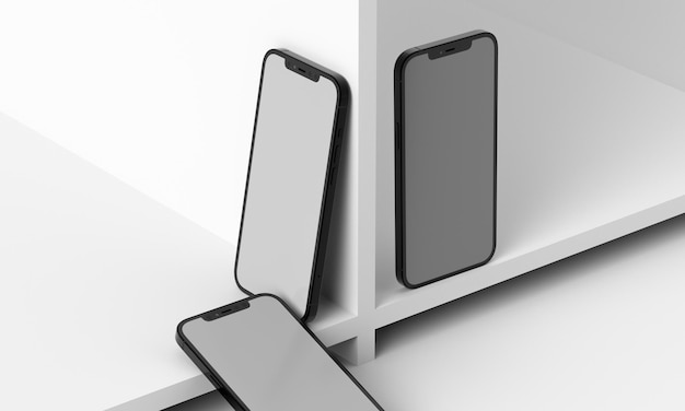 Illustration rendu 3d de rectangles isométriques simulant un téléphone dans un espace 3d avec un espace vide