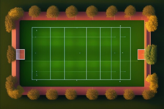 Une illustration d'un terrain de tennis vert avec des arbres en arrière-plan