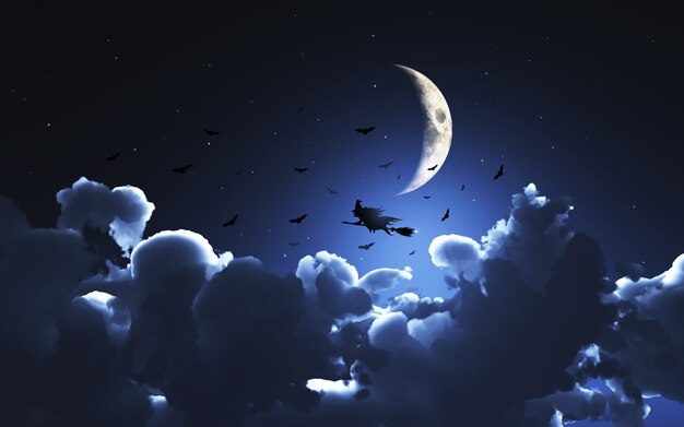 image 3D d&#39;une sorcière volant au-dessus de la lune au-dessus des nuages