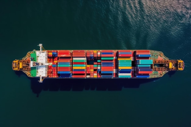 Image aérienne d'un cargo sillonnant les mers transportant des conteneurs à l'international Ai générative