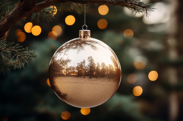 Photo gratuite image d'une boule de noël dorée suspendue à la branche d'un sapin