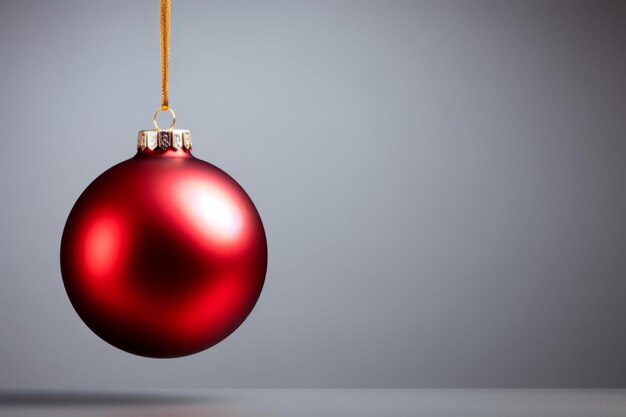 Image d'une boule de Noël rouge accrochée à une corde dorée sur un fond gris