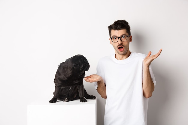 Image de carlin noir drôle regardant son propriétaire confus, homme haussant les épaules perplexe, debout sur fond blanc