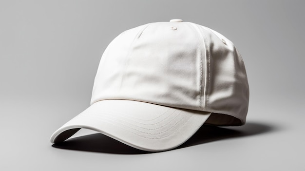 Image d'une casquette blanche avec logo sur fond beige avec des ombres