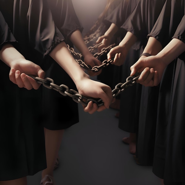 Photo gratuite image conceptuelle de la justice des mains féminines en robe noire tenant des chaînes