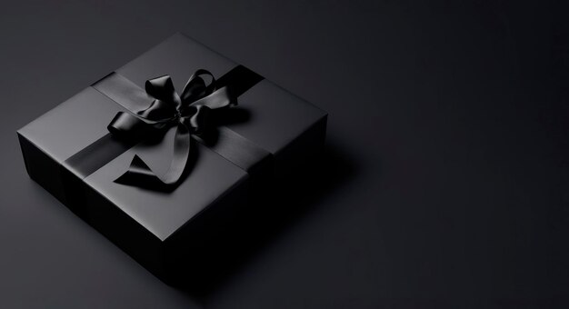 Image élégante d'une boîte cadeau noire avec ruban sur fond sombre