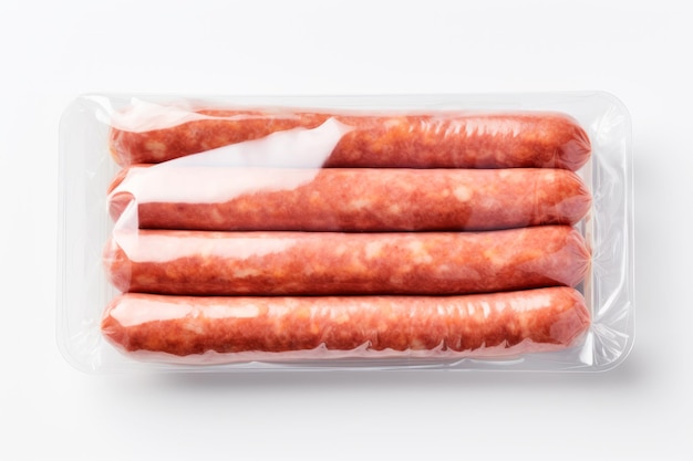 Photo gratuite image d'un emballage en plastique transparent de saucisses allemandes isolé sur fond blanc