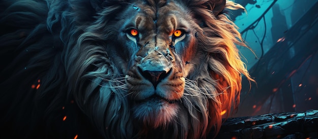 Image fantastique d'un lion avec du feu sur le visage