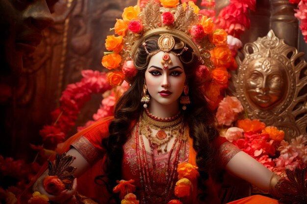 Image de femme indienne luxueusement vêtue de tissus or et de fleurs