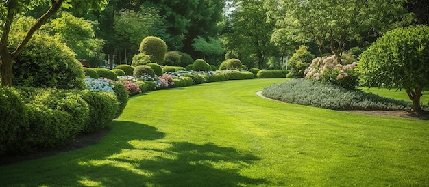 Image générée par l'IA d'une pelouse et d'un parterre de fleurs bien entretenus en plein air