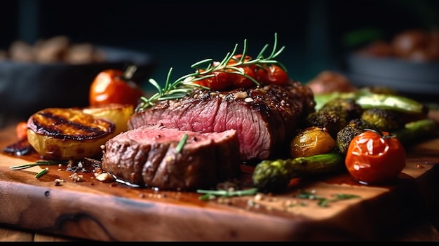 Image générée par l'IA de succulentes portions épaisses et juteuses de steak de filet grillé