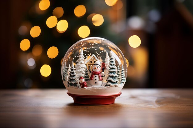 Image d'un globe de neige de Noël sur une table en bois avec un fond de lumières floues