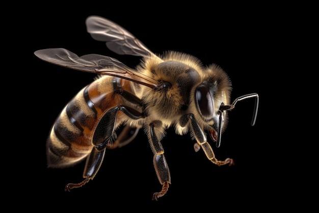 Photo gratuite image macro très détaillée d'une abeille sur fond noir ai générative