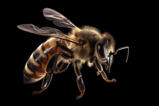 Image macro très détaillée d'une abeille sur fond noir Ai générative