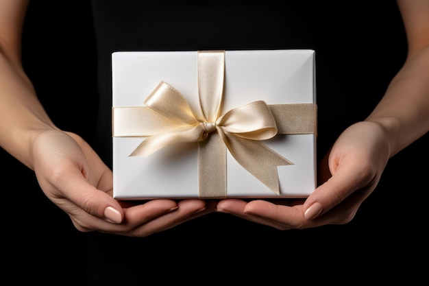 Image d'un modèle tenant une boîte cadeau blanche avec un ruban doré sur fond sombre