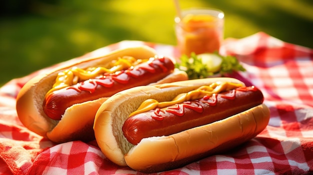 Photo gratuite l'image montre des hot-dogs grillés servis avec du ketchup à la moutarde et des saveurs sur une table de pique-nique