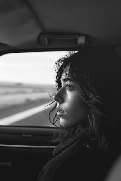 Image en noir et blanc d'une femme triste