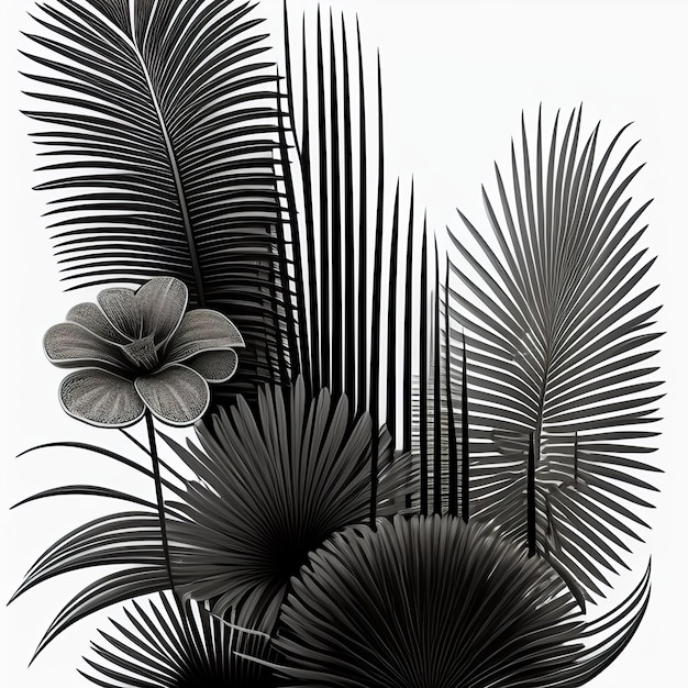 Photo gratuite une image en noir et blanc de feuilles et d'une fleur.
