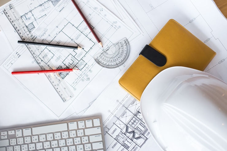 Photo gratuit image de plans avec crayon de niveau et casque sur table