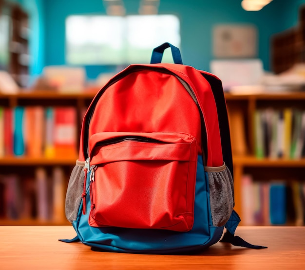 Image réaliste de sac à dos bleu et rouge sur fond avec salle d'étude floue