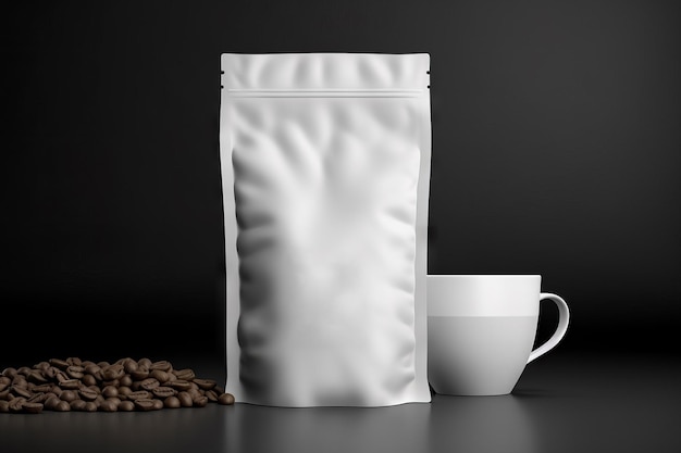 Photo gratuite image d'un sac de café en métal avec une tasse blanche sur un fond sombre