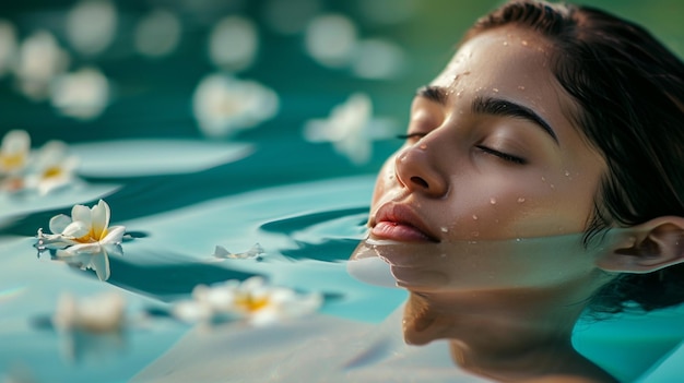 Une image sereine d'une belle femme profitant d'une journée au spa immergée dans une piscine cristalline avec flotteur