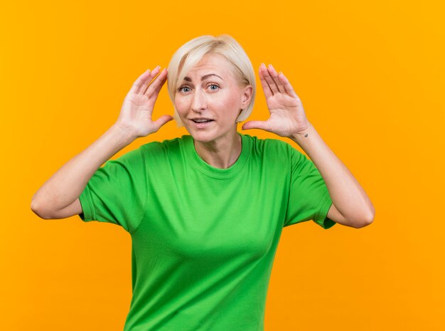 Impressionné femme blonde d'âge moyen slave regardant la caméra en gardant les mains près de la tête isolée sur fond jaune