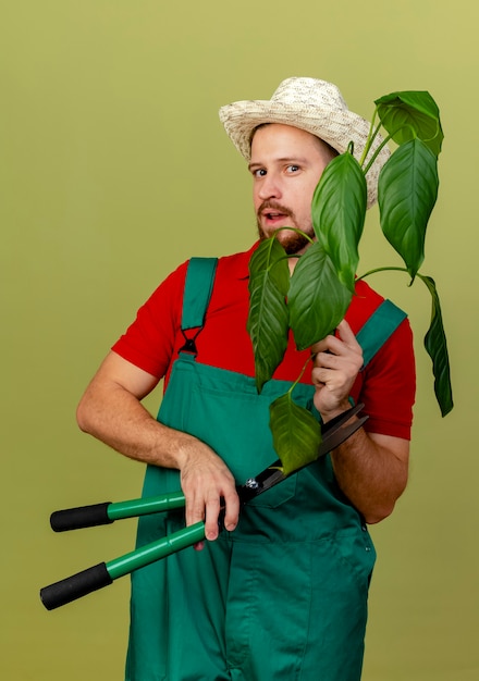 Impressionné jeune beau jardinier slave en uniforme et hat holding plant et sécateurs isolé sur mur vert olive