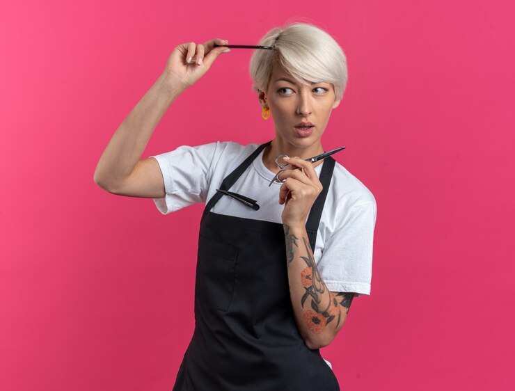 Photo gratuit impressionné jeune belle femme barbier en uniforme tenant des ciseaux avec peigne isolé sur mur rose