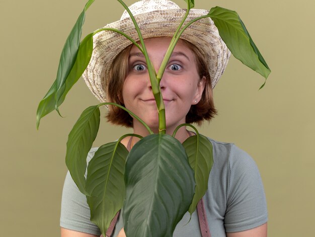 Impressionné jeune femme jardinier slave portant chapeau de jardinage holding plant sur vert olive