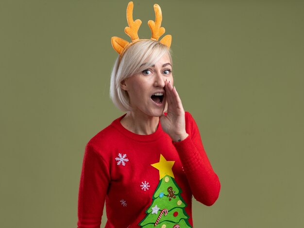 impressionnée, femme blonde d'âge moyen, portant un bandeau en bois de renne de noël et un pull de noël regardant en gardant la main près de la bouche chuchotant isolée sur un mur vert olive avec espace pour copie