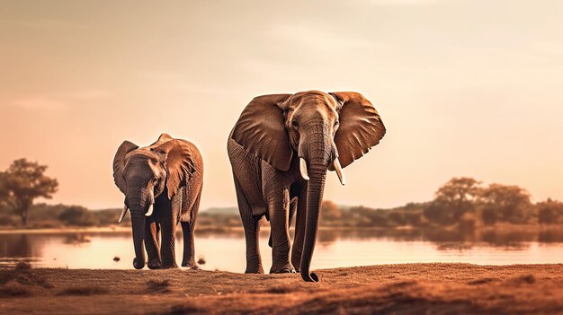 Incroyable éléphants d'afrique au coucher du soleil image générée par l'IA