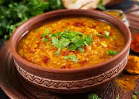 Photo gratuite indian dhal curry épicé dans un bol, épices, herbes, table en bois noir rustique.