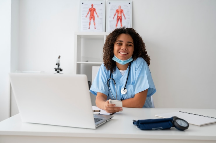 Photo gratuit infirmière à la clinique pratiquant la médecine