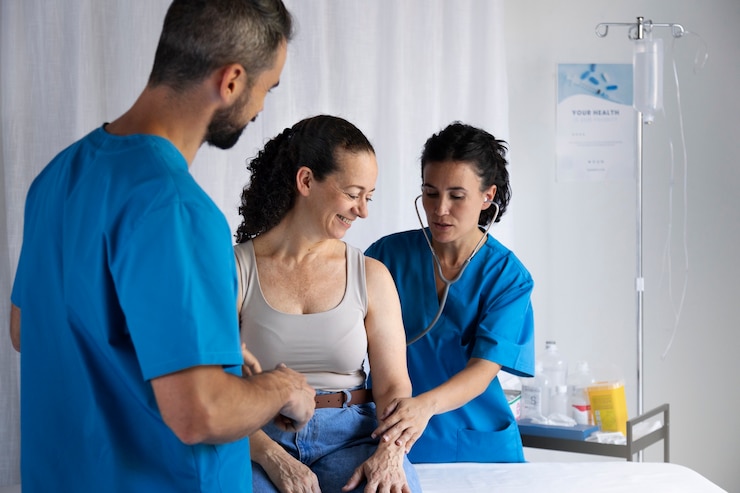 Photo gratuit infirmières à coup moyen prenant soin d'un patient
