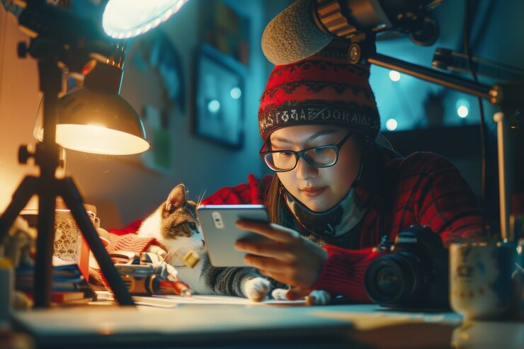 Photo gratuit l'influenceur et son animal de compagnie créent du contenu pour les espaces en ligne et les médias sociaux