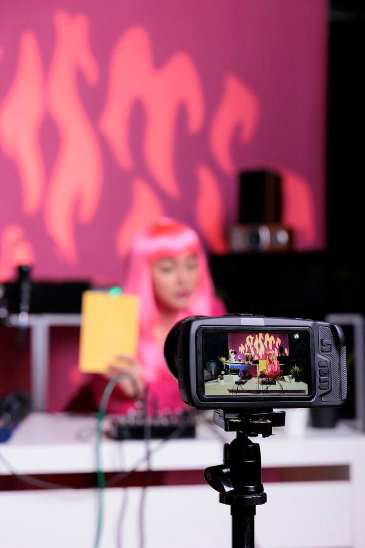 Photo gratuit influenceur tenant un cahier montrant le produit devant la caméra tout en enregistrant une critique à l'aide d'un équipement de vlogging professionnel. créateur de contenu asiatique debout au bureau filmant un vlog dans un studio de diffusion