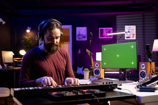 Ingénieur audio jouant du piano des notes de clavier électronique dans un studio à domicile