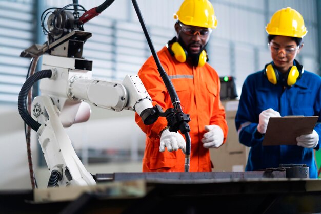 Ingénieur coopération technicien masculin et féminin relais de contrôle de maintenance système de bras robotisé soudage avec tablette ordinateur portable pour contrôler la qualité opérer processus travail industrie lourde 40 usine de fabrication