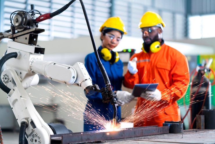 Photo gratuit ingénieur coopération technicien masculin et féminin relais de contrôle de maintenance système de bras robotisé soudage avec tablette ordinateur portable pour contrôler la qualité opérer processus travail industrie lourde 40 usine de fabrication