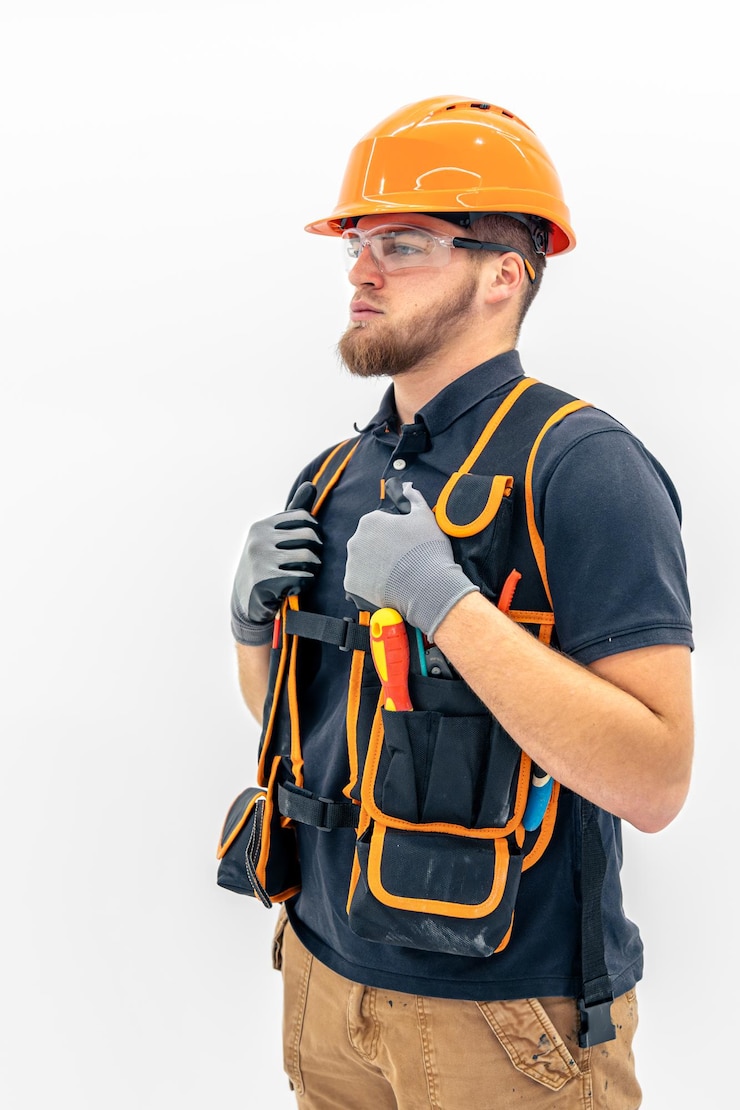Photo gratuit ingénieur électricien en combinaison et casque sur fond clair concept de construction