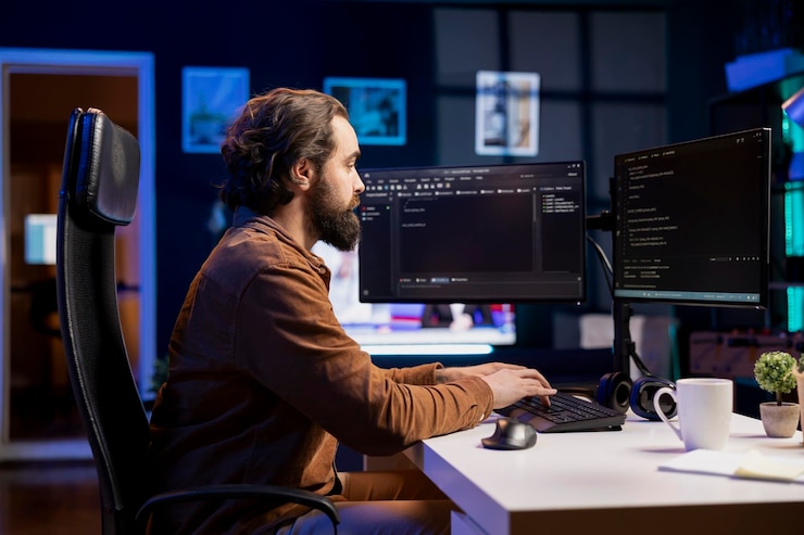 Photo gratuit ingénieur informatique tapant sur un clavier écrivant du code pour construire des pare-feu