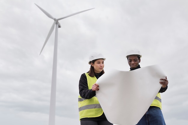 Ingénieurs en environnement à plan moyen vérifiant le plan