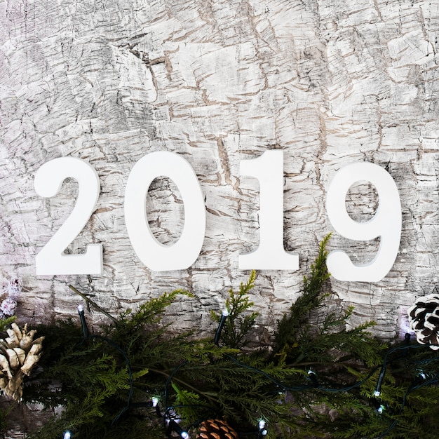 Photo gratuite inscription 2019 avec des branches