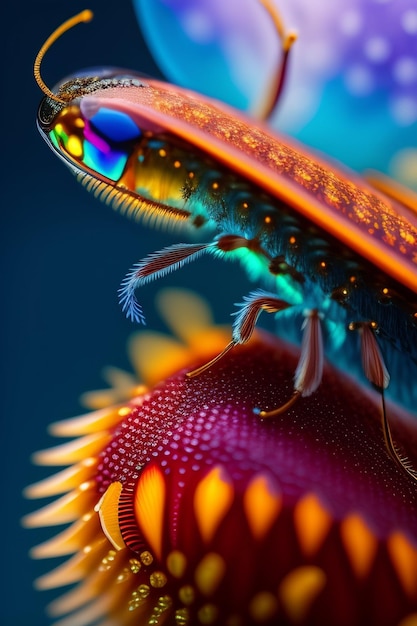 Photo gratuite un insecte coloré avec une tête jaune et des yeux bleus.